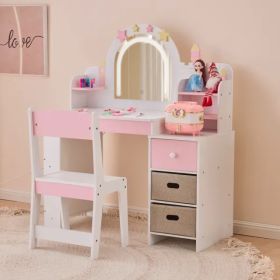 White And Pink Star And Castle Elements; MDF And Particleboard; Spray Paint, Silkscreen Printing, And Melamine Veneer; 1 Drawer, 2 Fabric Drawers (Option: defaulttitle)